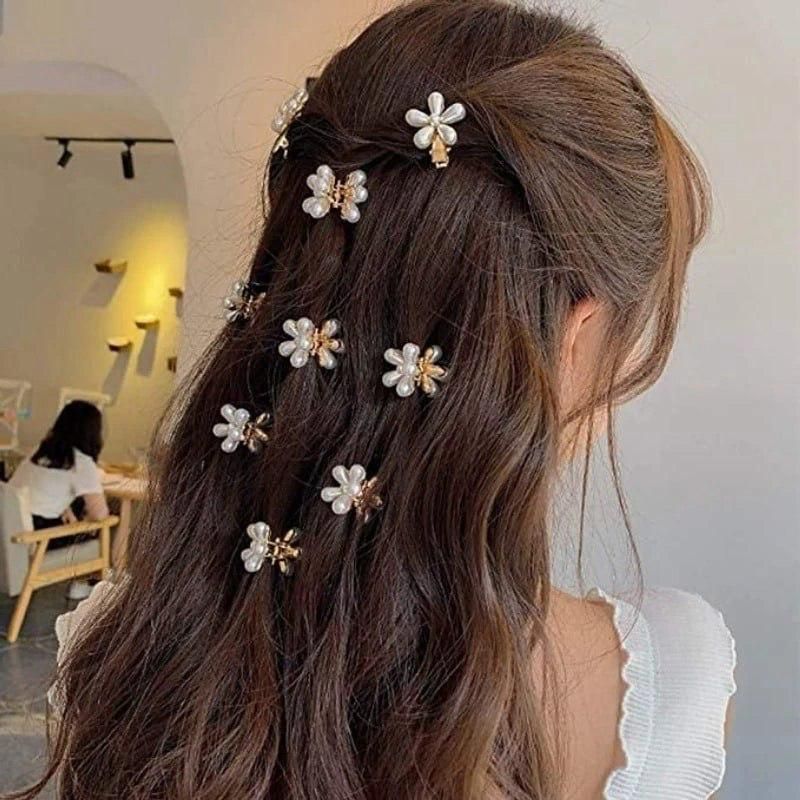 Pack of 10 Korean Pearl Mini Hair Clips – Elegant Floral Design Hair Pins