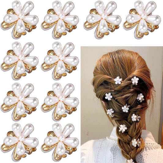 Pack of 10 Korean Pearl Mini Hair Clips – Elegant Floral Design Hair Pins